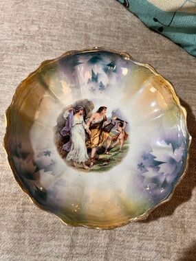 Porcelain Decorative Bowl in Blue, Purple, Cream with Gold Trim